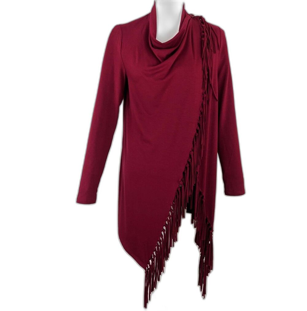 Serena Williams SMALL Wine Red Fringed Knit Wrap Cardigan Top